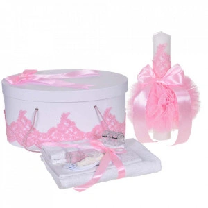 Set elegant trusou botez, cutie trusou si lumanare, decor dantela Roz diafana, Denikos® 953