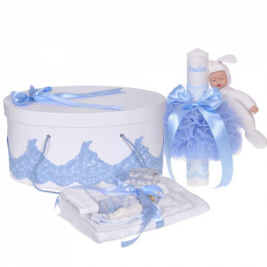 Set elegant trusou botez, cutie trusou si lumanare personalizata cu nume, decor dantela Bleu cu iepuras, Denikos® 949