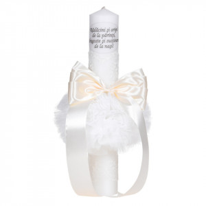 Set lumanare botez cu mesaj si trusou botez in landou, decor dantela ivory lata, Denikos® C1061 - Img 2