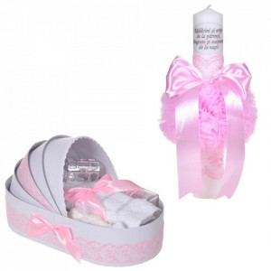 Set lumanare botez cu mesaj si trusou botez in landou, decor dantela roz ingusta, Denikos® C1068