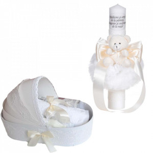 Set lumanare botez cu mesaj si ursulet si trusou botez in landou, decor dantela ivory lata, Denikos® C1078