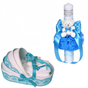 Set lumanare botez cu mesaj si ursulet si trusou botez in landou, decor dantela turcoaz lata, Denikos® C1091