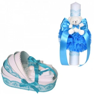 Set lumanare botez cu ursulet si trusou botez in landou, decor dantela turcoaz lata, Denikos® C1094