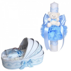 Set lumanare botez cu ursulet si trusou botez in landou, decor dantela bleu lata, Denikos® C1098