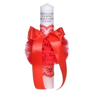 Set prima baita dupa botez, trusou complet in landou decorat cu dantela pentru botez si lumanare personalizata cu mesaj, culoare rosu, Denikos NK147 - Img 3