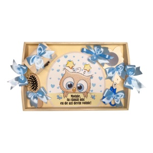 Set tava mot bufnita simpatica, baietel 1 an, fundite Bleu, Denikos® TV008