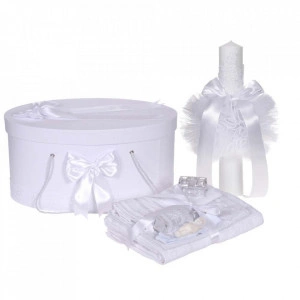 Set trusou botez, cutie trusou si lumanare, decor elegant dantela Alba, Denikos® 925
