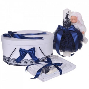 Set trusou botez, cutie trusou si lumanare iepuras pufos, dantela si fundite, decor Bleumarin, Denikos® 891
