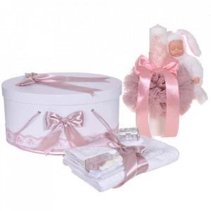Set trusou botez, cutie trusou si lumanare iepuras pufos, dantela si fundite, decor Roz pudra, Denikos® 893