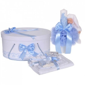Set trusou botez, cutie trusou si lumanare iepuras pufos, dantela si fundite, decor Bleu, Denikos® 895