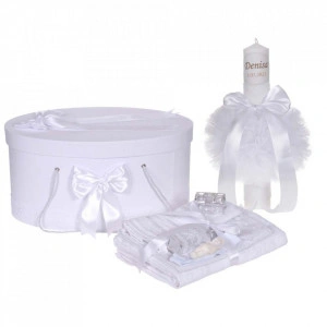 Set trusou botez, cutie trusou si lumanare personalizata cu nume, decor Alb, Denikos® 907