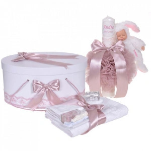 Set trusou botez, cutie trusou si lumanare personalizata cu nume, decor Roz pudra cu iepuras, Denikos® 911