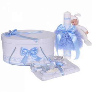 Set trusou botez, cutie trusou si lumanare personalizata cu nume, decor Bleu cu iepuras, Denikos® 913