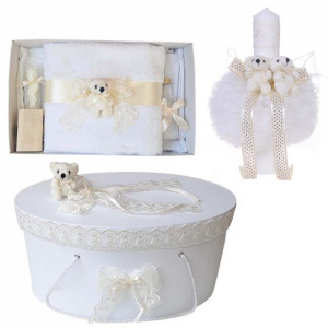 Set trusou botez, cutie trusou si lumanare, Ursulet, dantela ivoire, Denikos® 470