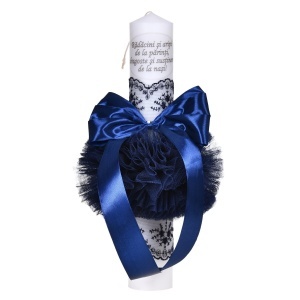 Set trusou botez in landou decorat cu dantela, lumanare personalizata cu mesaj si set pentru prima baita dupa botez pentru baieti, culoare bleumarine, Denikos NK145 - Img 2