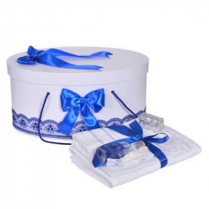 Set trusou botez si cutie trusou, dantela si fundite, decor Albastru, Denikos® 837