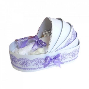 Trusou botez complet, in landou, decor elegant cu dantela lila Denikos® 143