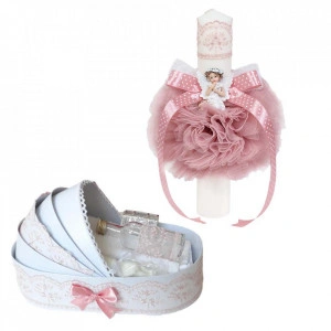 Trusou botez in landou si lumanare glob cu ingeras, decor Roz Pudra, Denikos® 588