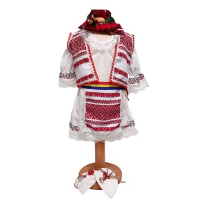 Costum botez national pentru fetite, alb, decor rosu, 5 piese, Denikos®PTB07