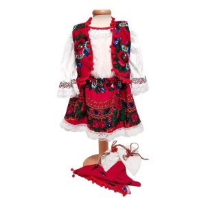 Costum botez popular pentru fetita, alb, decor rosu inflorat, 5 piese, Denikos®PTB11