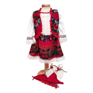 Costum botez popular pentru fetita, alb, decor rosu inflorat, 5 piese, Denikos®PTB11