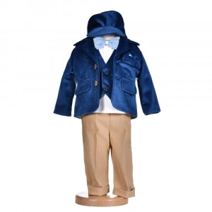 Costumas botez baietel, catifea, albastru inchis, 5 piese, Denikos® H016