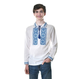 Ie camasa populara baieti, alba, broderie albastra motive traditionale romanesti, Denikos®TD235 - Img 1