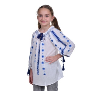 Ie populara fetita, alba, broderie albastra, marime unica, 7-10 Ani, Denikos®TD226 - Img 2