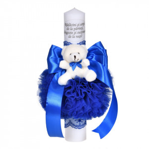 Lumanare botez cu mesaj decor albastru, cu fundita, dantela si ursulet Denikos® C1047