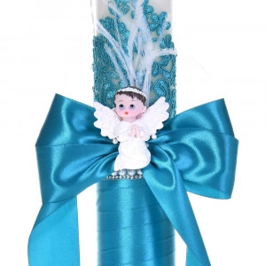 Lumanare botez eleganta decor turcoaz, dantela, ingeras cu pene si fundita asortata, Denikos® C1187 - Img 2