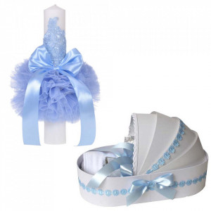 Lumanare botez glob cu dantela si trusou botez in landou, decor Bleu cu floricele, Denikos® 752
