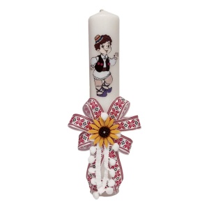 Lumanare botez pentru baietel, decorata cu motive populare romanesti, rosu traditional, Denikos® LT02