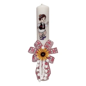 Lumanare botez pentru baietel, decorata cu motive populare romanesti, rosu traditional, Denikos® LT02