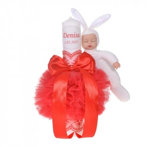 Lumanare botez personalizata, decor rosu cu tul, dantela si o jucarie iepuras, Denikos® 733