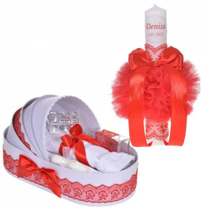 Lumanare botez personalizata si trusou botez in landou, decor dantela Rosie, Denikos® 865