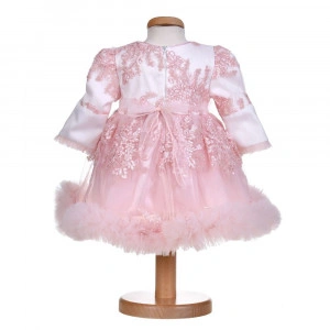 Rochie botez fete, cu volanas, culoare alb-roz, 3 piese, Denikos® H032 - Img 2