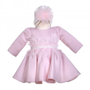 Rochie botez fetita, eleganta, cu pene, culoare roz pudra, 2 piese, Denikos® H049