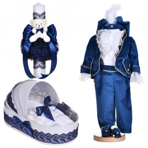 Set botez baieti, costum botez Printisor, 5 piese, trusou botez si lumanare, decor bleumarin, Denikos® C1141