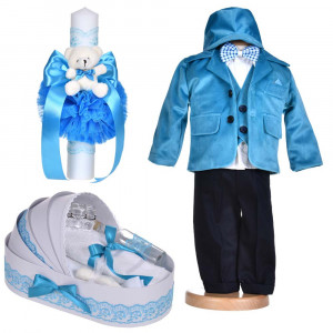 Set botez, costum botez baiat, 5 piese, trusou botez si lumanare, decor turcoaz, Denikos® C1133