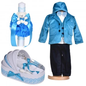 Set botez, costum botez baiat, 5 piese, trusou botez si lumanare, decor turcoaz, Denikos® C1133