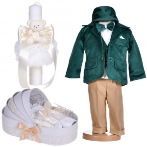 Set botez, costum botez baiat, 5 piese, trusou botez si lumanare, decor ivoire si verde, Denikos® C1135