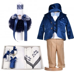 Set botez, costum botez baiat, catifea, bleumarin, 5 piese, trusou botez cu mesaj si lumanare cu ingeras, Denikos® C1170