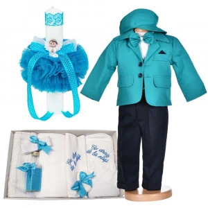 Set botez, costum botez baietel, turcoaz, 5 piese, trusou botez cu mesaj si lumanare cu ingeras, Denikos® C1166