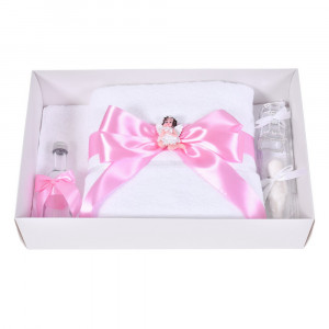 Set botez cu lumanare decor dantela, margelute si ingeras si trusou botez asortat, Roz, Denikos® C9315 - Img 5