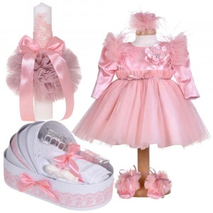 Set botez fetita, rochita 3 piese, trusou botez in landou si lumanare, decor roz pudra, Denikos® C1143