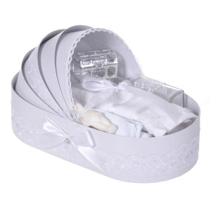 Set botez fetita, rochita 3 piese, trusou botez in landou si lumanare, decor alb diafan, Denikos® C1145 - Img 3