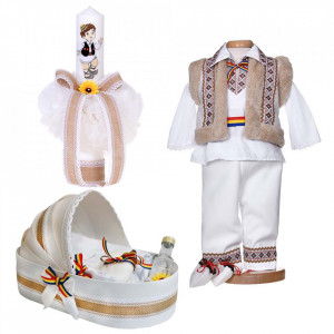 Set botez national baiat, trusou botez landou, lumanare si costum traditional, Denikos® 1045
