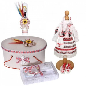 Set botez popular, costum rochita traditionala, trusou botez, cutie trusou si lumanare, decor rustic, Denikos® C9102
