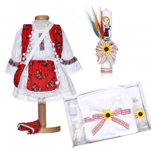 Set botez traditional fetita, rochita botez nationala, trusou botez si lumanare, decor popular, Denikos® C9292