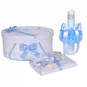Set botez - trusou botez, lumanare cu mesaj si cutie trusou, decor elegant dantela Bleu, Denikos® C1115